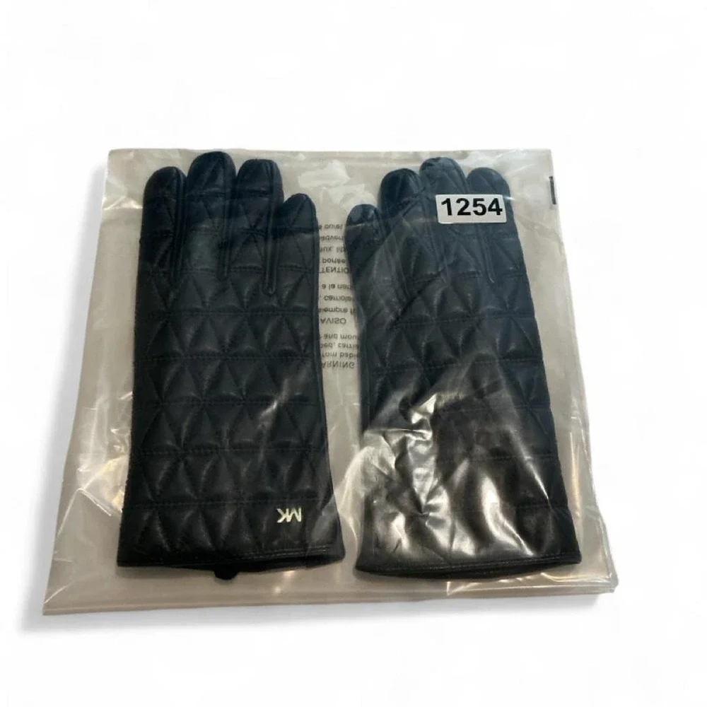 Michael Kors Quilted Leather Gloves Womens S Black Excellent Gold MK Logo Luxury